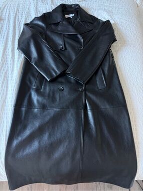 Black Faux Leather Double-Breasted Trench Coat